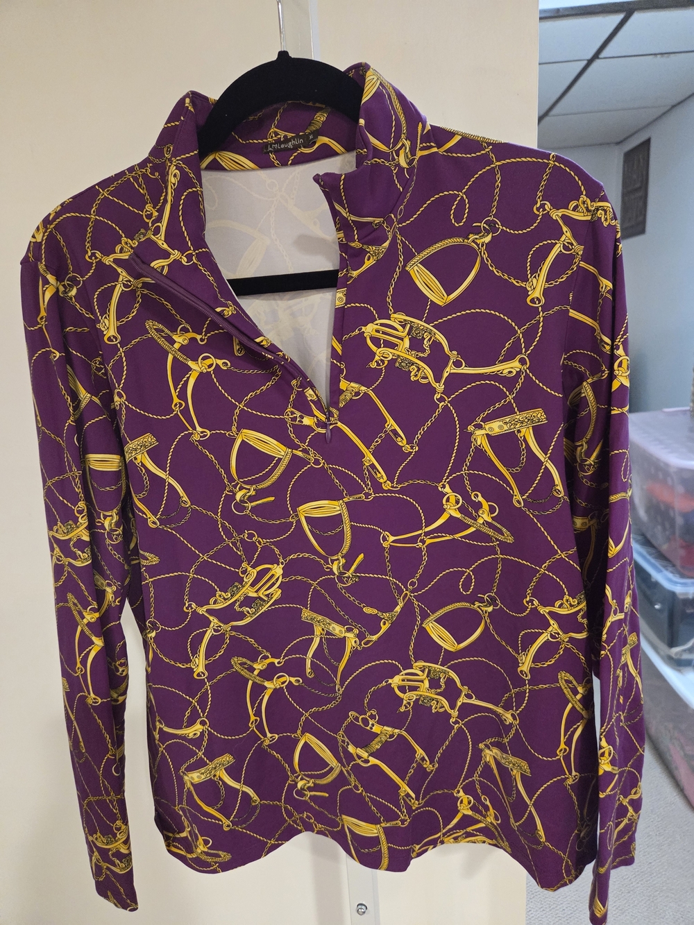 J. McLaughlin Purple Long-Sleeve 3/4 Zip Top with Yellow Chain Print